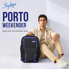 Skybags Porto Spacious 40L Weekender Backpack, 2 Compartments, Black-Blue | Laptop Compatible (Upto 17"), Front & Shoe Compartments, Padded Handles, Travel/ Office Bag, Unisex, 1-Year Global Warranty