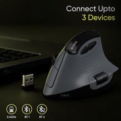 Amkette XS Natural Plus Programmable Vertical Wireless Mouse/Bluetooth Mouse, OLED Display Side Scroll, 6400DPI, 2.4G+3×BT+Wired, 7 Button, Rechargeable, Supports Web Software, 1000Hz, Black