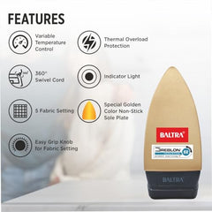 Baltra Casual 750 Watts Dry Iron | Non Stick Coated Soleplate | Light Weight | Adjustable Temperature Control | Cotton Braided Swivel Cord | Press Iron for Clothes | 2 Years Warranty