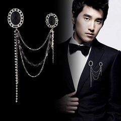 SYGA Men's & Women Suit Shirt Stud Lapel Pin Chain Tassel Brooch Pin with Black Gemstone chain