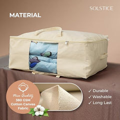 SOLSTICE Extra Large Cotton Canvas Blanket Storage Bags with Zipper, 4 Handles & Window | for Saree, Pillows, Blankets, Rajai & Seasonal Clothes as Wardrobe Organizer and Under Bed Storage | Pack of 2