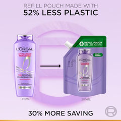 L'Oreal Paris Hyaluron Moisture Shampoo Refill - Hyaluronic Acid, 500ml | 500ml refill for dry, dehydrated hair. Provides 72 hours hydration, leaving hair soft, shiny, & bouncy. Ideal for daily wash.