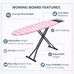 STEFFAN Heavy Duty Vertical Ironing Board, Foldable, 19 mm Metal Bracket, Adjustable Height, Pure Cotton Cover, Lattice Design | Clothes Iron Table| Home Laundry Accessory | 111x30 cm, Pink