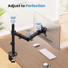 Dyazo Single Monitor Desk Mount Stand | Height Adjustable Fully Articulating Arm for 13–32 Inch Screens | VESA 75×75/100×100 Compatible | Tilt & Rotate Monitor Holder with C-Clamp/Grommet Base (Black)
