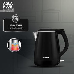 Havells Electric Kettle Altro 1250 Watts 1.5 liters, Double Layered Cool Touch Outer Body | 304 Rust Resistant SS Inner Body with Auto Shut Off | Wider Mouth | 2 Yr Manufacturer Warranty (Black)