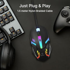 pTron Flick M12 Wired USB Mouse with 4 Buttons, 1600 DPI Optical Sensor, Precision Tracking, RGB Lights, 4 Adjustable DPI, Plug & Play Use, Ergonomic Design, for Windows OS (Black)