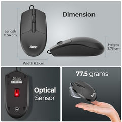 Foxin Glance Grey Wired USB Mouse | 1200 DPI Optical Sensor | Ergonomic & Lightweight (68g) with 3-Button | Plug & Play | 1.2M Cable | Silent Buttons | Wired Mouse for Laptop, PC, Desktop & Office Use
