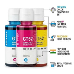 D-tron GT51/GT52 Compatible Refill Ink for HP 5810 5811 5820 5821 115 116 117 310 315 319 410 415 416 419 457 Printers (Black-2 Colour-3) Pack of 5 - Cyan, Magenta, Yellow, Black