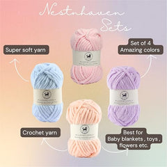 NESTNHAVEN , Plush & Cuddly Sets 2.0 , Chenille Yarn Supersoft Hand Knitting Wool Ball, set of 4 , 400 grams (1 Ball/100 Gram Each) Suitable for Craft, Babywear, Toys , Baby Blankets , 5 Bulky, Shades - NNHS 2.0 (Set 26 baby Pink , lilac , hot pink…