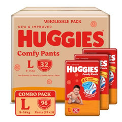 Huggies Comfy Pants Baby Diaper, Large (L) Size (9-14 Kgs), Pack of 192 (96 count, Pack of 2)