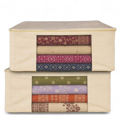 JD FRESH 3 Pcs Cotton Saree Covers/Storage Bags with Zip Cover/Space Saving Bag with Transparent Window/Wardrobe & Cupboard Organizer for Clothes/Bedsheets/Lehengas (16 x 13 x 3 Inch/Off White)