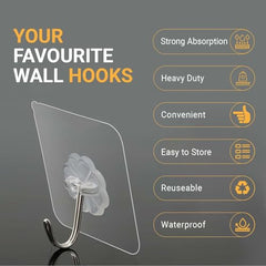 VARENYYA Hanging Hooks Without Drilling, Self Adhesive Hooks for Wall Heavy Duty Strong Nail Free, Kitchen Accessories Items (Hanging Hook, Transparent) Stainless Steel (Flower Hook, 10-pcs)