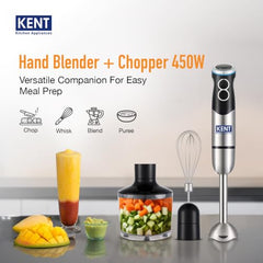 KENT Hand Blender Plus Chopper 450 W | Variable Speed Control | Turbo Switch for Fast Blending & Chopping | Hot & Cold Blending | Low Noise DC Motor | Multiple Attachments Chopper, Whisker & Jar