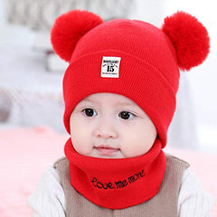 SYGA Woolen Baby Cap Knit Hat Scarf Unisex Winter Pom Pom Cap Neck Warme 6 Month to 24 Month Baby - Beige