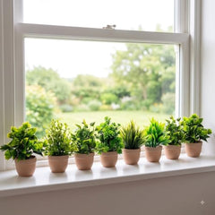 amazon basics Artificial Potted Plants, Artificial Plastic Eucalyptus Plants Small Indoor Potted Houseplants, Small Faux Plants for Home Decor Bathroom Office Farmhouse (Set of 8)