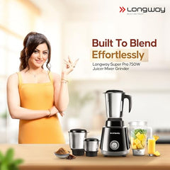 Longway Super Pro Juicer Mixer Grinder | Up to 750 Watt Powerful Motor | 4 Jars for Grinding, Mixing, Juicing | 2 Year Warranty | Black & Gray