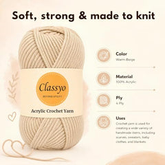 Classyo Acrylic Yarn for Crocheting (100gms x 1 Ball, 4ply) | Soft Wool Crochet Thread | Acrylic Hand Knitting Yarn | Wool for Crochet | For Sweater, Scarf, Hat, Baby Clothes, Purse, Gift Bags and DIY Crafts (Butter, Pack of 1)