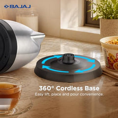 Bajaj KTX 1.8 Litre DLX Electric Kettle | 1350 Watts Kettle with Stainless Steel Body | Cordless Operation | Auto Shut-off Mechanism | 2-Yr Warranty 【Black】