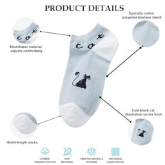 MOMISY Cute Cat Design Ankle Socks Pastel Colors, Low-Cut Casual Wear Pack of 5 (Multicolor)