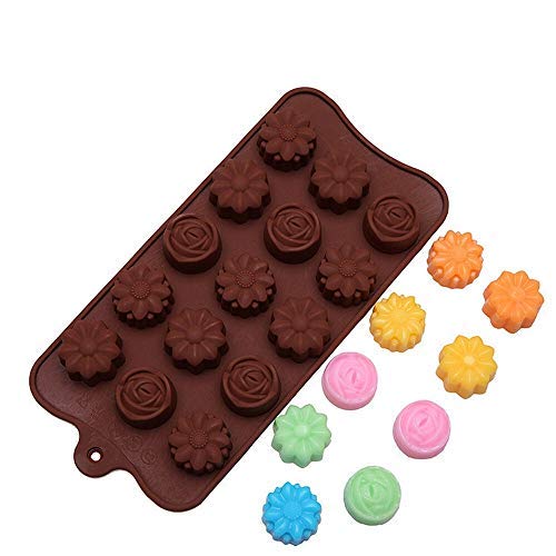 SYGA Silicone Rose & Candy Flowers Shape Chocolate Jelly Candy Mold, Cake Baking Mold, 15-Cavity Bakeware Mould, Brown