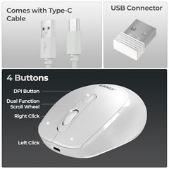 Foxin Flow Wireless Mouse with Rechargeable Battery, Bluetooth & 2.4 Ghz Dual Connectivity, 4 Buttons, Upto 1600 DPI, Type-C Charging | Ergonomic Office Mouse for Laptop, MacBook, PC | Green