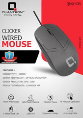 QUANTRON Clicker Wired Mouse | ABS Plastic | 3 Buttons | 1000 DPI | Hi-Precision Operation | Sweat-Resistant | Ergonomic Anti-Fatigue | 1.1m Cable |