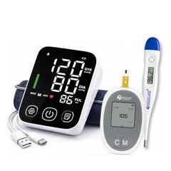 D MEDICARE Rechargeable Blood Pressure Monitor, Glucometer Set & Digital Thermometer Combo | Home Health Care Kit | BP, Blood Sugar & Temperature Monitoring (RECOMB-100)