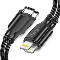 Czartech [1.2 Mt USB-C 20W Fast Charging cable Compatible with i-Phone,14,13, 12,11, X, 8, 7, 6, 5, i-Pad iPad Air and More [Nylon Braided,Black - Pack of 2]