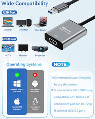 USB 3.0 to HDMI Adapter for Monitor 1080P@60Hz Display with 5Gbps High Speed Transmission, Support Extend & Mirror Mode, Compatible with Window Mac Laptop Desktop Projector TV