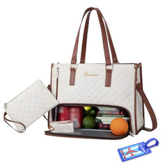 OCEANEVO 2 in 1 Stylish Laptop Tote Bag for Women Office use with Insulated Lunch Bag Compartment includes Small Pouch and Luggage Tag, Laptop Handbag for Office, Travel - 42x32x16 Cm - White-Brown