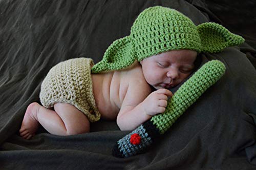 MOMISY Newborn Photography Prop 3Pcs Handmade Crochet Knitted Hat Diaper Cover Weapon Costume Photo Outfit for Baby Boy/Girl-Solider, Green & Cream