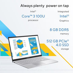 ASUS Vivobook 15 (2026),Intel Core 3 100U,(i3-14th Gen),Intel iGPU,8GB RAM,512GB SSD,FHD,15.6"(39.6 cm),Windows 11,M365 Basic(1Y),Office 2024,Cool Silver,1.7 Kg,X1504VAP-IN005WS,Thin & Light Laptop