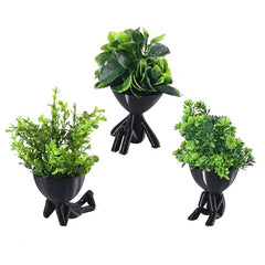 Kuber Industries 3 Pcs Set Plastic Mini Artificial Plants with Pot | Table Top & TV Unit Decorative Items for Living Room | Faux Plants for Home Decor & Office Desk | Man Shape - Black