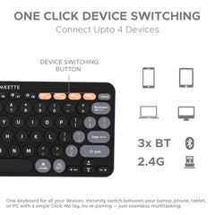 Amkette New and Improved Optimus BT 4-in-1 Multi-Device Wireless Keyboard, Pop Keys, Bluetooth, One-Click Device Switching, AI Access, Dual OS Layout, Windows, macOS, Android & iOS Compatible, Black
