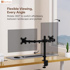 BonKaso Dual Monitor Stand for Desk | Height Adjustable Alloy Steel Arm Mount for 13”–27” Screens | 360° Rotation, Tilt & Swivel, Cable Management, Space-Saving Dual Arm Monitor Mount (Black & White)
