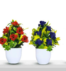 Asharya® Artificial Flower Plants for Home Décor – Set of 4 Mini Potted Plants (7 Inch) in White Pots | Pink, Yellow, Red & Blue Faux Flowers for Living Room, Office, Indoor Outdoor Decoration