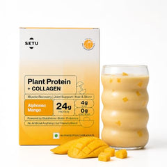 Setu Plant Protein + Veg Collagen | 24g Protein with Glutathione & Biotin | Pea & Rice Isolate | For Muscle, Skin & Hair | Protein Powder for Men & Women | Alphonso Mango Flavour | (1 Sachet Single Serve)