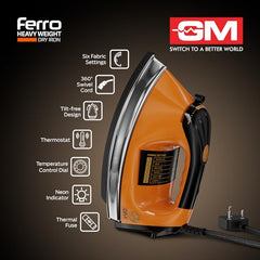 GM Ferro 1200W Heavyweight Dry Iron Press 1.75 Kg | Dual Layer German Non-Stick Coating with 2 Yrs Warranty | Shock Proof Iron Box for Clothes with 1.8M Cord Length | Enhanced Back Rest for Safety
