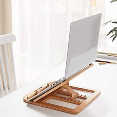 RarestCorp Handmade Wooden Laptop Stand for Desk that is Compatible with iPad, MacBook Pro, Notebook, HP, and Dell Devices and has an Adjustable Height and Foldable Riser 15.6 inches at Most Walnut
