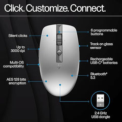 HP 710 Rechargeable Silent Mouse/6 programmable buttons/90-day Rechargeable Battery Life Track-On Glass Sensor(Silver)