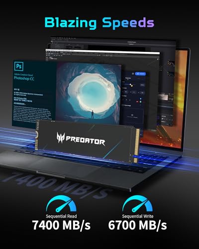 Acer Predator GM7000 1TB NVMe Gaming SSD - M.2 2280 PCIe Gen4 (16 Gb/s) x 4, 3D TLC NAND PC Internal Solid State Hard Drive with DDR4 DRAM Cache Up to 7400 MB/s - BL.9BWWR.105