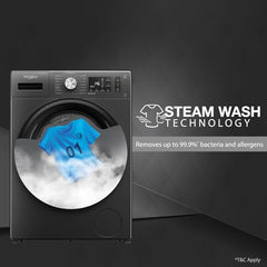 Whirlpool Smart Choice 9 Kg Steam Wash Technology 5 Star Inverter Front Load Fully Automatic Washing Machine with In-Built Heater (SUPREME CARE 9014-E, Midnight Grey, 100+ Tough Stains, 1400 RPM)