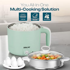 DOCAT Multipurpose Cook Kettle with Steamer, 1.2L Steel Pot (650W) | Stainless Steel Inner Pot, Adjustable Power Electric Cooker for Cooking, Boiling, Tea, Coffee, Noodles & Eggs