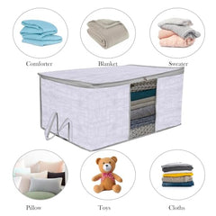 Amazon Brand - Solimo Underbed Storage Bag | Clothes Storage Organizer | Clear Window Blanket Cover | Cloth Organizer With Handle | Jute-Print Design | Large (Grey, Pack Of 3), 65 X 47 X 31 Cm
