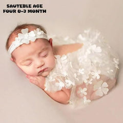 MOMISY Baby Girl Crochet Romper with Lace and Headband, Photography Photoshoot Costume (White, 0-3 Months)