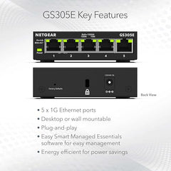 NETGEAR 5-Port Gigabit Ethernet Plus Switch (GS305E) - Desktop or Wall Mount, Home Network Hub, Office Ethernet Splitter, Silent Operation