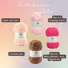 NESTNHAVEN , Plush & Cuddly Sets 2.0 , Chenille Yarn Supersoft Hand Knitting Wool Ball, set of 4 , 400 grams (1 Ball/100 Gram Each) Suitable for Craft, Babywear, Toys , Baby Blankets , 5 Bulky, Shades - NNHS 2.0 (Set 26 baby Pink , lilac , hot pink…