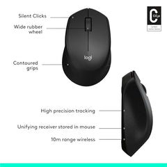 Logitech M331 Silent Plus Wireless Mouse, 2.4GHz with USB Nano Receiver, 1000 DPI Optical Tracking, 3 Buttons, 24 Month Battery Life, PC/Mac/Laptop - Black