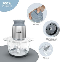 iBELL MT200GM Electric Food Chopper 700W with 2L Glass Bowl, Multi Purpose Chopper for Meat Vegetables Fruits Nuts & Herbs,2 Year Warranty