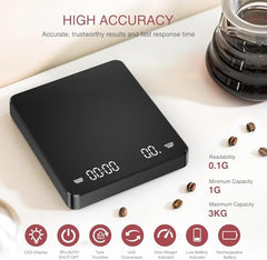 Gadgetronics Smart Coffee Scale with Timer, Rechargeable Digital Scale for Coffee Weighing, 0.1g - 3 kg, LED Touchscreen | USB Rechargeable, Heat-Resistant, Ideal for Baristas & Manual Brewing